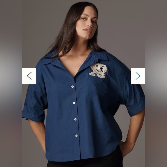 Maeve Tops - The Mabel Boxy Oxford shirt Navy Blue with Dog Embroidery NWT 2X by Maeve